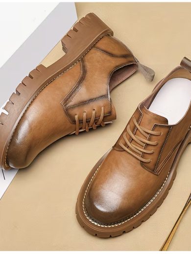 Brown Round-Toe Men'S Vintage Thick-Soled Derby Shoes